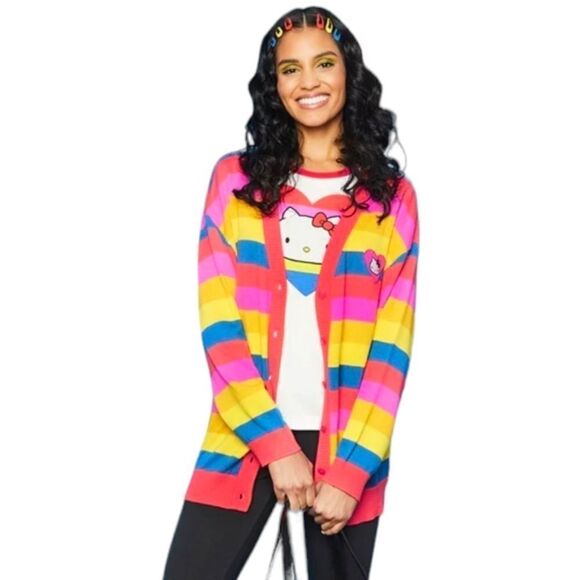 ModCloth x Hello Kitty | Nostalgic Candy Heart Buttons Rainbow V-Neck Cardigan L - Picture 2 of 8